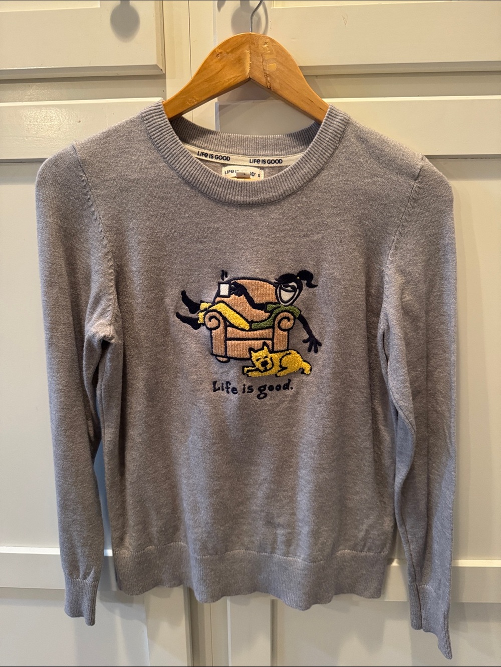 Life Is Good Gray Crewneck Sweater with Embroidered Lounge Graphic